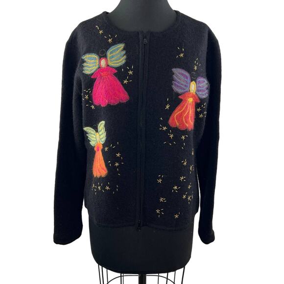 VINTAGE Talbots Black Wool Felted Angels Beaded Accent Zip Front Cardigan Size L - Picture 1 of 9